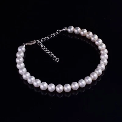 4-6MM White Pearl Smooth Rondelle Gemstone Beaded Women Beautiful Bracelets 6-8" - Image 1 of 4