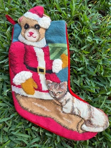 Vintage Needlepoint Christmas Stocking Teddy Bear Santa Sleeping Cat Handmade! - Picture 1 of 4