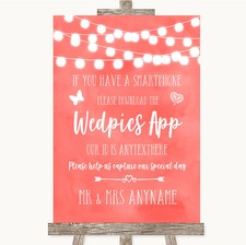 Wedding Sign Poster Print Coral Watercolour Lights Wedpics App Photos