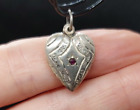Vintage Embossed Puffy Heart Charm Red Stone 925 Sterling Silver