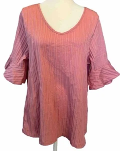 Women’s Blouse Shirt  Pink Fits Large Textured Lightweight Ruffle 3/4 Sleeves - Picture 1 of 5