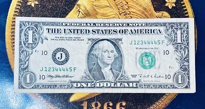 #12344445 ~ 1995 $1 Fancy SOLID Serial Numbers Ladder Binary Note Lucky Number - Image 1 of 2