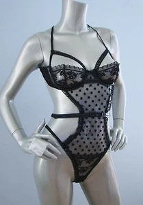 Victoria's Secret Designer Collection $298 Nwt Black Leather Bow Thong Teddy 34B - Picture 1 of 6