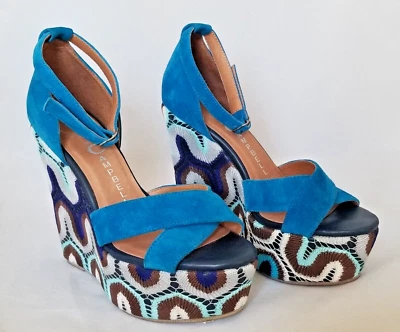 JEFFREY CAMPBELL Ibiza Bradshaw-2 Blue Crochet Wedge Platform Sandals Size 6.5 - Image 1 of 4