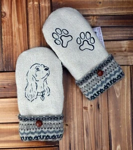WOOL MITTENS BCocker Spaniel Dog Embroidered Handmade Recycled Upcycled wool - Picture 1 of 5