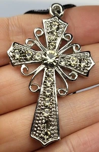 Religious Cross Pendant Glass Rhinestones Silver-tone Waxed Leather 50cm Cord - Picture 1 of 13