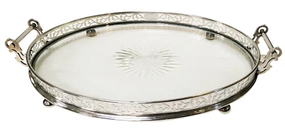 Bandeja de cócteles de galería de plata esterlina y vidrio C.1900 George Henckel & Co., pesada Foto 1 de 4