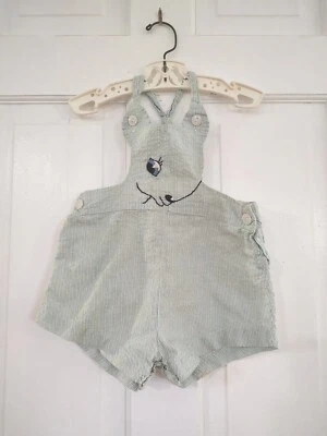 Винтажный 1950 малыш нагрудник шорты ягненка дизайн вышивка на синие полосы - Изображение 1 из 4