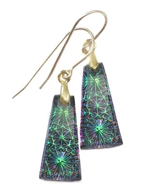 Kaleidoscope Earrings Rectangular Peacock Green 14k Solid Gold Silver Drops - Image 1 of 3