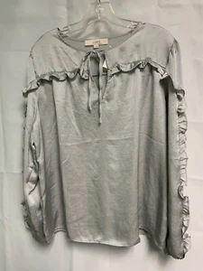 LOFT Womens Long-Ruffled-Sleeve Conservative-Bohemian Silver Shirt L - Picture 1 of 9