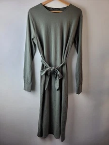 Zara Women Size M Khaki Green 100% Cotton Stretch Midi T-shirt Dress Belt Casual - Picture 1 of 12