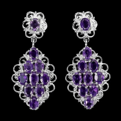 925 Sterling Silver Earrings Oval Amethyst Natural Gemstone Jewelry - Image 1 of 4
