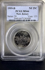 1999-D 25c Washington Quarter New Jersey PCGS MS66 - Picture 1 of 2