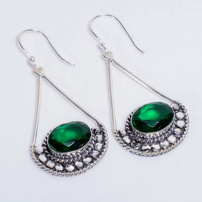Pendientes de plata de ley 925 hechos a mano vintage con piedras preciosas de diopsido 2,2" L355 Foto 1 de 4
