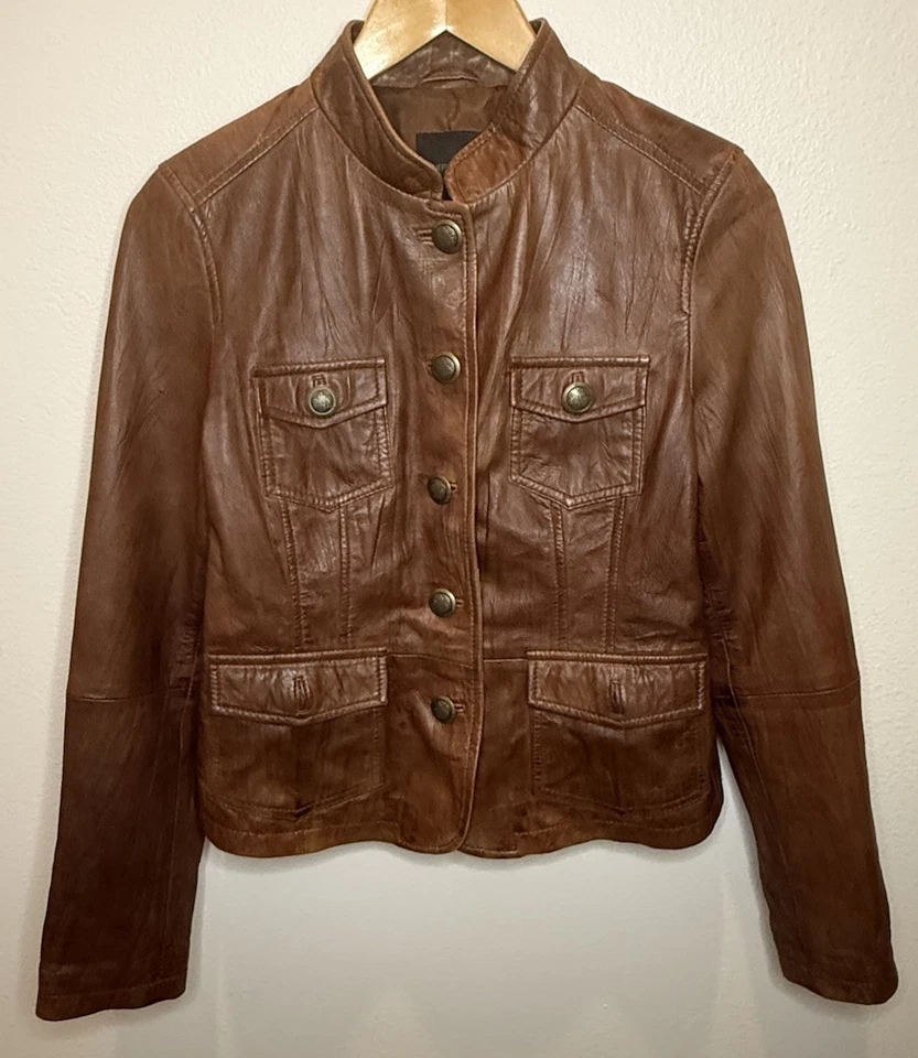 Express натуральной кожи куртка женщин средний коричневый Moto военного укороченный 2007 - Изображение 1 из 4