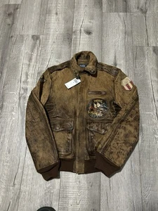 Ralph Lauren Cuero Parche Piloto Piel de Vaca Marrón Chaqueta Bomber Marrón Talla Pequeña - Imagen 1 de 10