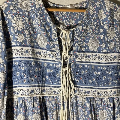 R Vivimos Midi Dress 2XL Blue Floral Boho Tassel Tie Long Sleeve Cruise Vacation - Image 1 of 4