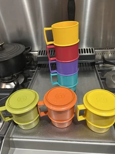 Tupperware Stackable Mugs x 7 - 3 with Lids/Coasters Multicoloured - Picture 1 of 7