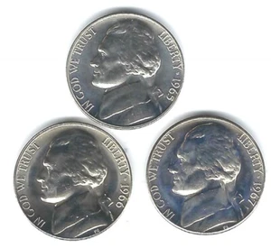 1965+1966+1967 Philadelphia Proof like from SMS sets Jefferson Nickel 3 Coins! - Picture 1 of 2