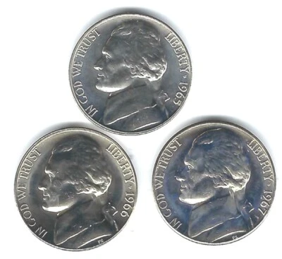 1965+1966+1967 Philadelphia Proof like from SMS sets Jefferson Nickel 3 Coins! - Image 1 of 2
