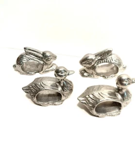 Vintage Pewter Napkin Rings Handcrafted USA Metal Set of 4 Rabbits Ducks - Picture 1 of 5