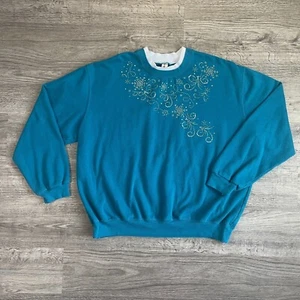 VTG 90s Teal Rhinestone BeDazzled BeJeweled GrannyCore Crewneck Sweatshirt Sz XL - Picture 1 of 6