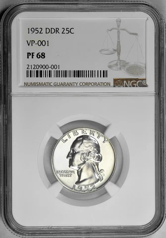 1952 DDR 25C Silver Proof Washington Quarter NGC PF 68 VP-001 Top Pop! 1/0 Cover