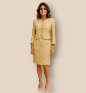 Caroline Charles Gold Jacquard Kleid und Jacke UK 18 US 14 EU 46 - Bild 1 von 15
