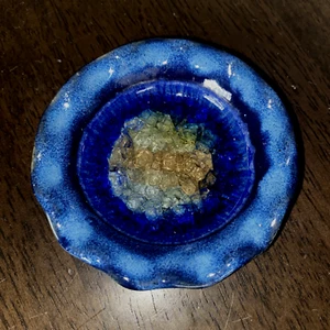 Handmade Small Pinch Pottery Bowl with Crackle Glass Bottom 3.5" Blue U.S.A - Picture 1 of 5