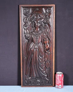 26" Antique French Solid Walnut Wood Panel Highly Carved, Woman with a Mirror - Picture 1 of 13