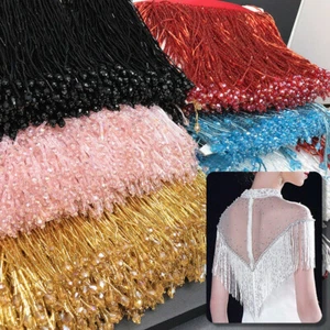 Beaded Glass Tube Fringe Tassel Trim Ribbon Dance Costume Dress Lace By Yard DIY - Picture 1 of 26