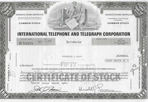 Stock Certificate, International Telephone And Telegraph Corporation - Picture 1 of 1