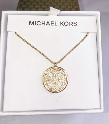 ¡NUEVO CON ETIQUETAS! $115 MICHAEL KORS Heritage Monograma Tono Dorado Logo Cristal Disco Collar Foto 1 de 4