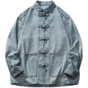 Camicia denim cinese vintage uomo autunno sciolto blu stand colletto cappotto casual - Foto 1 di 12