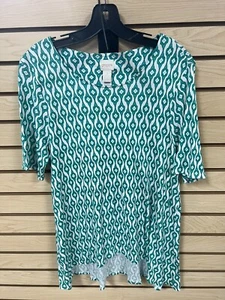 Chico's Aztec Pattern Green White SIZE 2 US Large Hi Low T Shirt Blouse Tunic - Picture 1 of 7