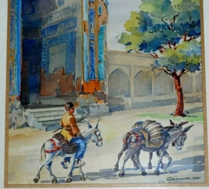 ARTHUR SARKISSIAN KÜNSTLER SIGNIERT ORIGINAL AQUARELL GEMÄLDE MANN AUF ESEL - Bild 1 von 10