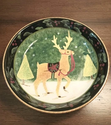Certified International Betty Whitaker Holiday Bowl Folk Art Reindeer Read! - Image 1 of 4