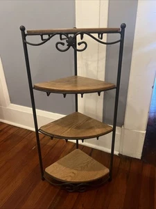 Longaberger Wrought Iron 4 Tiered Corner Shelf Stand 4 Oak Wood Shelves - Bild 1 von 10