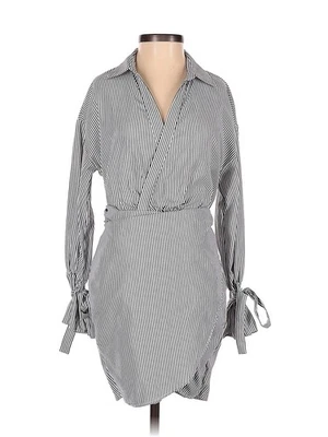 Vestido envolvente gris/blanco a rayas cuello en V manga larga XS Foto 1 de 2