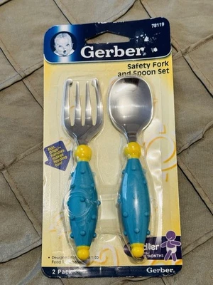 Juego de tenedor y cuchara de entrenamiento Gerber Safety Toddler 12M vintage 2004 azul amarillo Foto 1 de 3