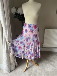 Womens Per Una Pink Blue Floral Rose Y2k Vintage Godet Flippy Midi Skirt U.K. 14 - Picture 1 of 4
