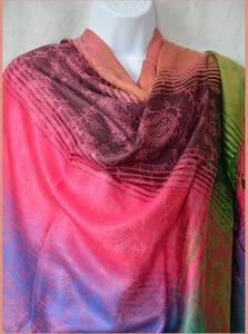 Mantón semi pashmina y seda a rayas, estola, envoltura rosa, púrpura, melocotón de la India  - Imagen 1 de 6