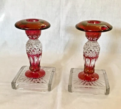 Pair Ruby Stained Crystal Candlesticks Westmoreland/Waterford/Wakefield Signed - Image 1 of 4