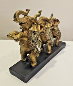 Elephants! - 3 standing gold & mirrored reflective elephants on black wood base. - Picture 1 of 7
