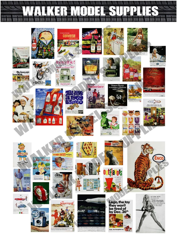 Set Diorama Auto In Scala 1:24 Poster Pubblicitari Anni '60. Pre Tagliato. - Immagine 1 di 1