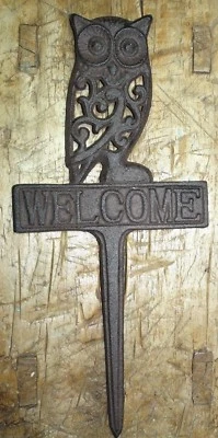 Rustic Cast Iron OWL WELCOME Sign Garden Stake Home Decor Pond Plaque Man Cave - Image 1 of 2