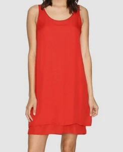 $99 Heather Women's Red Double Layer Silk Scoop Neck Shift Dress Petite Size P - Picture 1 of 4
