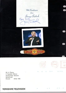 JIMMY TARBUCK SIGNED COMPLIMENTS SLIP, CIGAR BAND & ORIGINAL ENVELOPE + LETTER - Picture 1 of 2