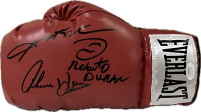 Sugar Ray Leonard Roberto Duran Thomas Hearns Signed Red Left Boxing Glove JSA - Image 1 of 3