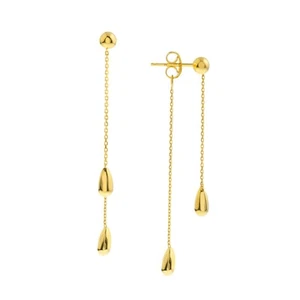 Front to Back Ball Stud w Tear Drop Earring Real 14K Yellow Gold - Picture 1 of 2